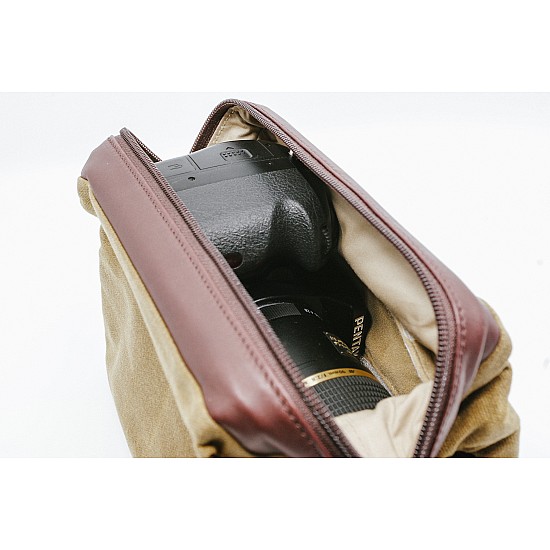 Light Brown Waxed Canvas & Brown Leather Camera Bag Insert by Cam-in