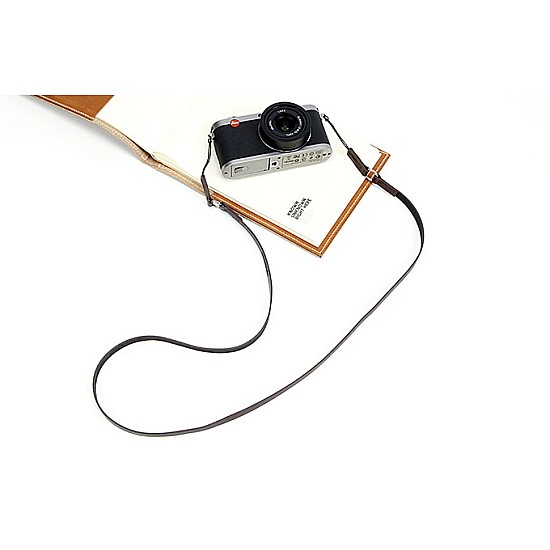 Black leather camera strap with ring & string loop connection for lightweight cameras by Cam-in