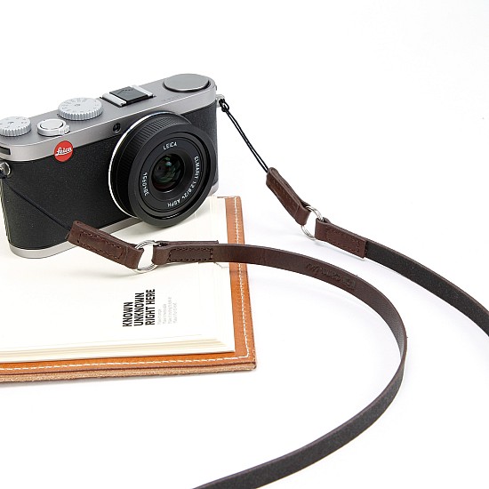 Black leather camera strap with ring & string loop connection for lightweight cameras by Cam-in