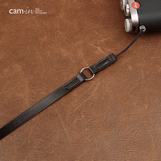 Leather camera strap with ring and string loop connection for lightweight cameras - Tan
