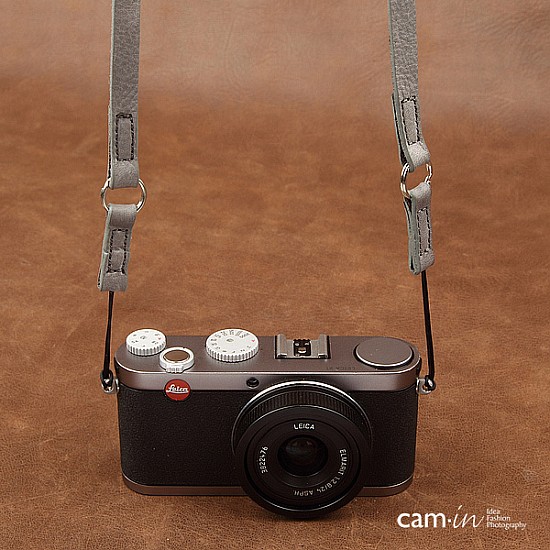 Grey Leather Camera Strap with ring & string loop connection by Cam-in
