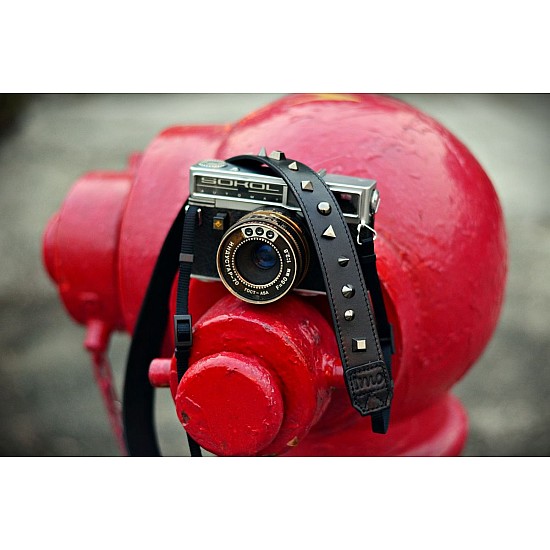 Studded & Spiked Black Leather Camera Strap by iMo - "Magic Planet"