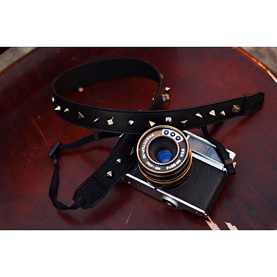Studded & Spiked Black Leather Camera Strap by iMo - "Magic Planet"